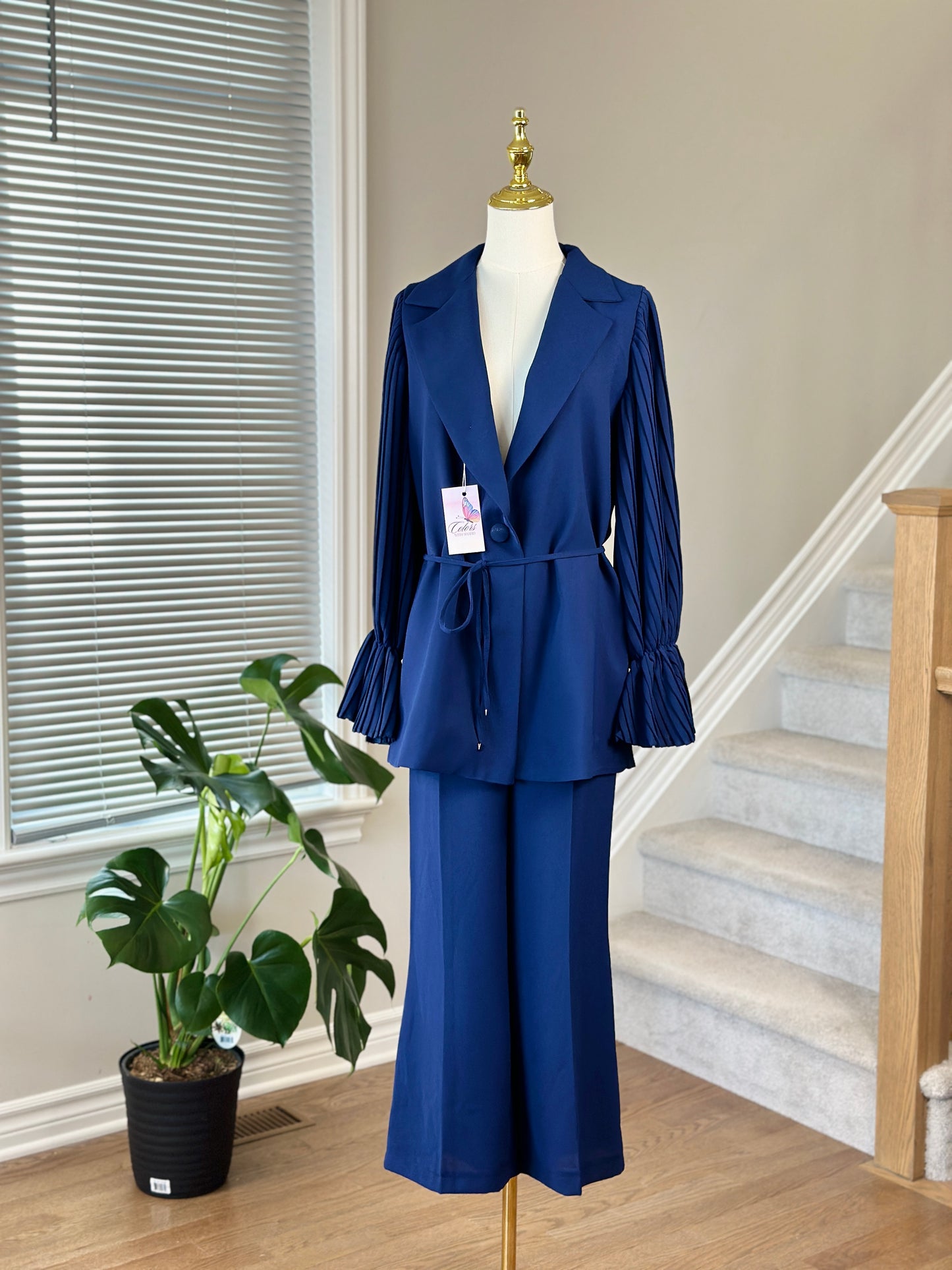 Dressy Blazer & Pants Set (Navy and Beige)